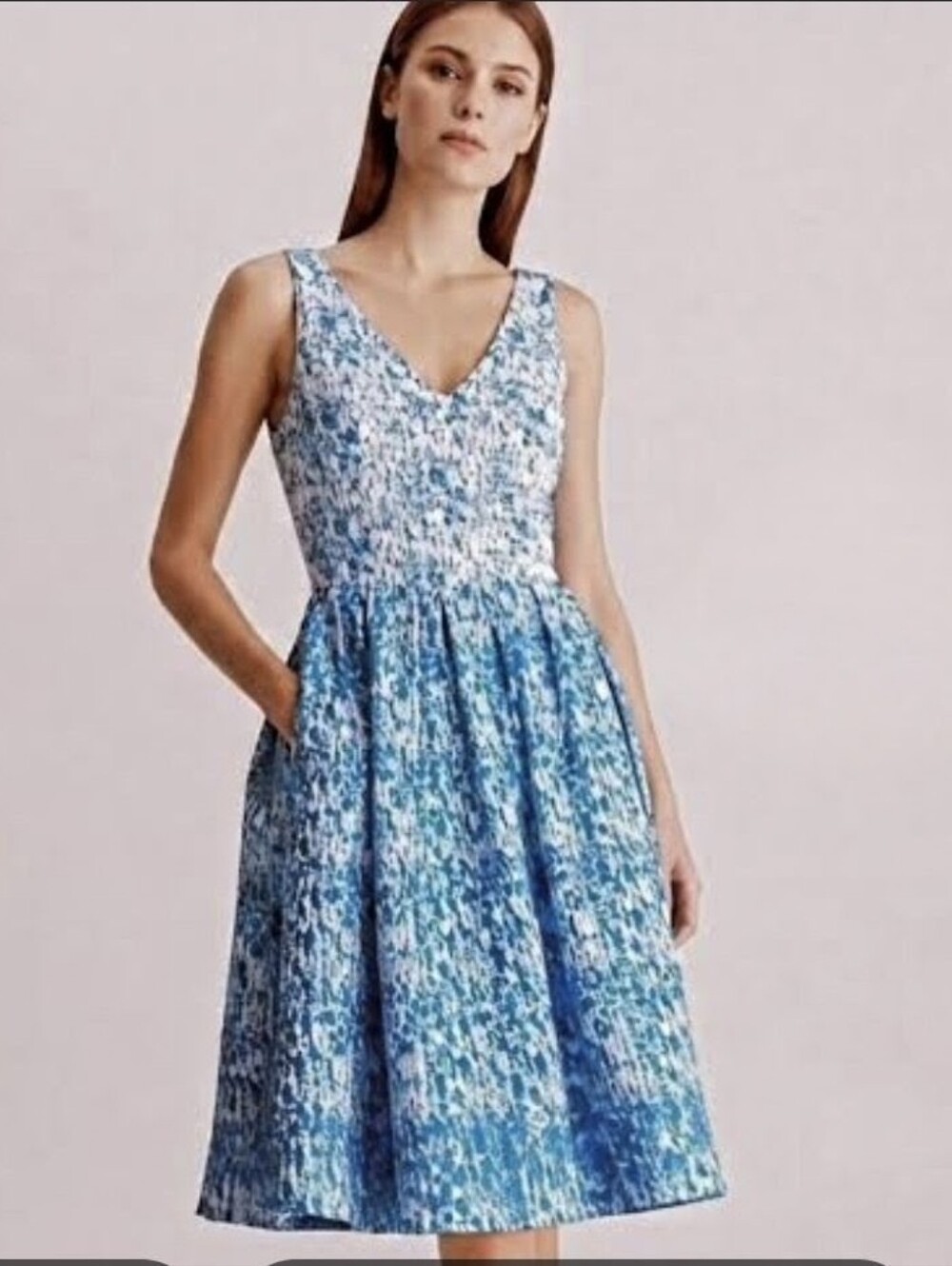 Calvin Klein Blue and White Printed V-Neck Casual Dress